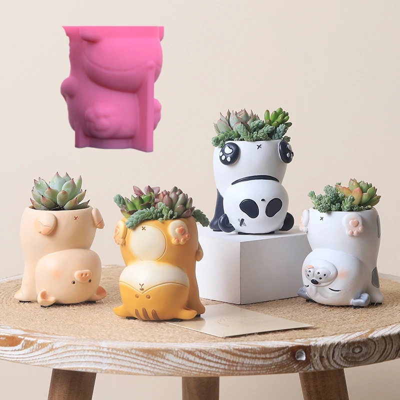 Desenhos animados Flip Suculentas Plant Flower Pot, Panda Resina Silicone Mold, Gato bonito e porco, Gesso De Cimento Concreto, Caixa de armazenamento DIY