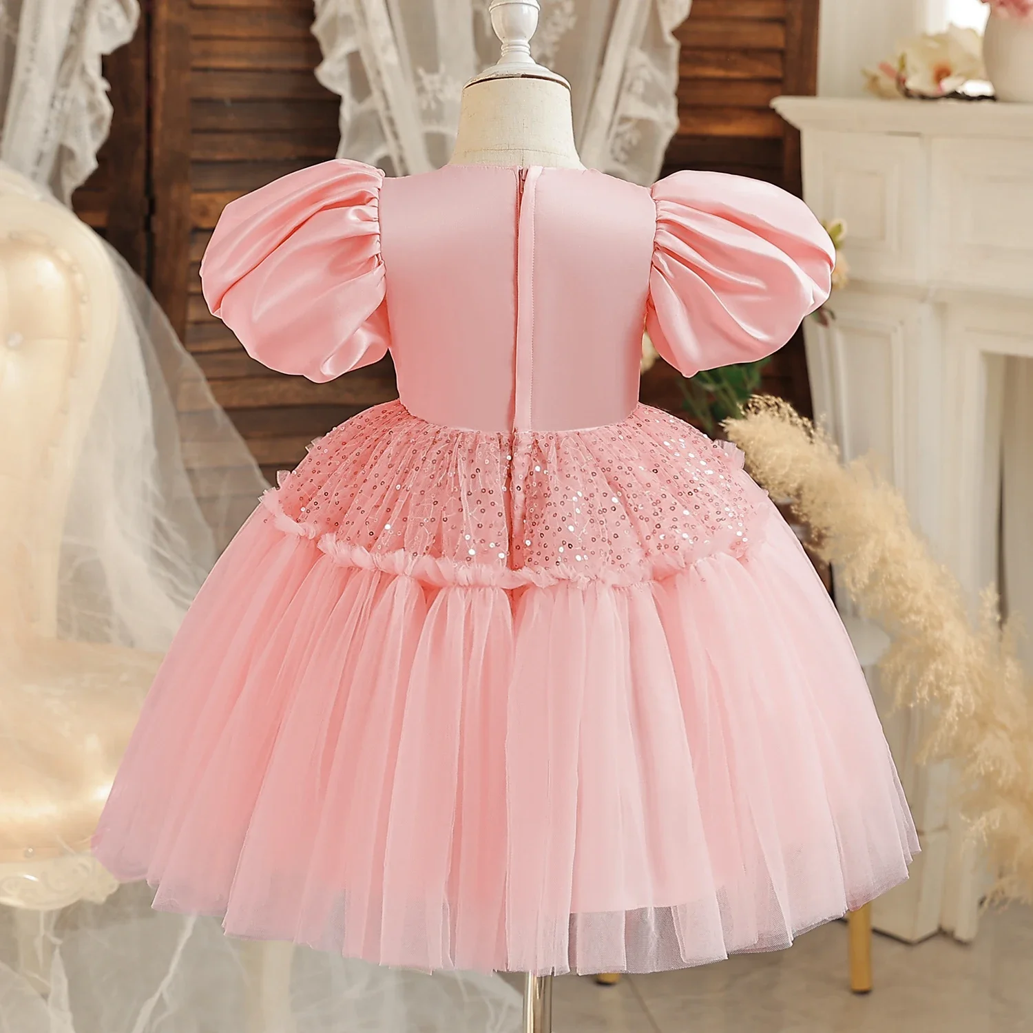 Baby Champagne Baptism Dress Cute Girl Sequin Puff Sleeve Fairy Ball Gown Newborn 1 Year Birthday Outfit Kids Formal Party Gown girls dress baby girl dress