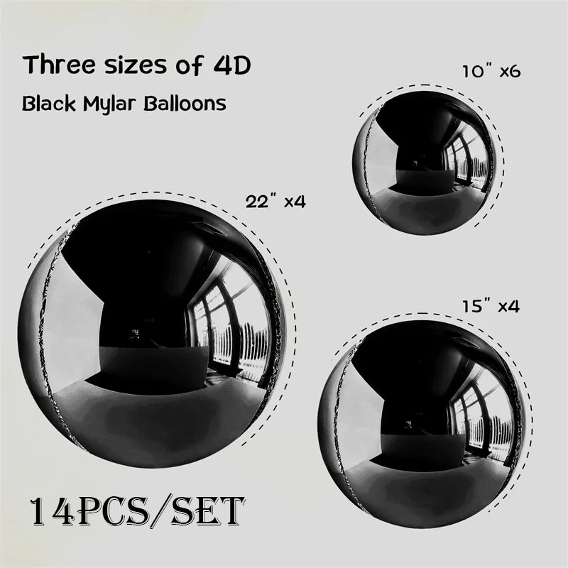 14 Stück Silber Schwarz Folienballons Mylar-Luftballons 22 Zoll 15 Zoll 10 Zoll 4D Runde Luftballons Große metallische Luftballons Chromballons Dekor – Detail 4
