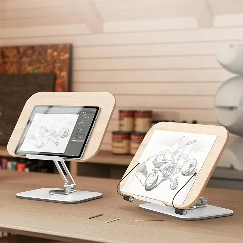 Desktop Book Stand for Reading with 360° Rotating Base Wooden Panel & Page Clips Foldable and Angle for Reading Book Holder 2