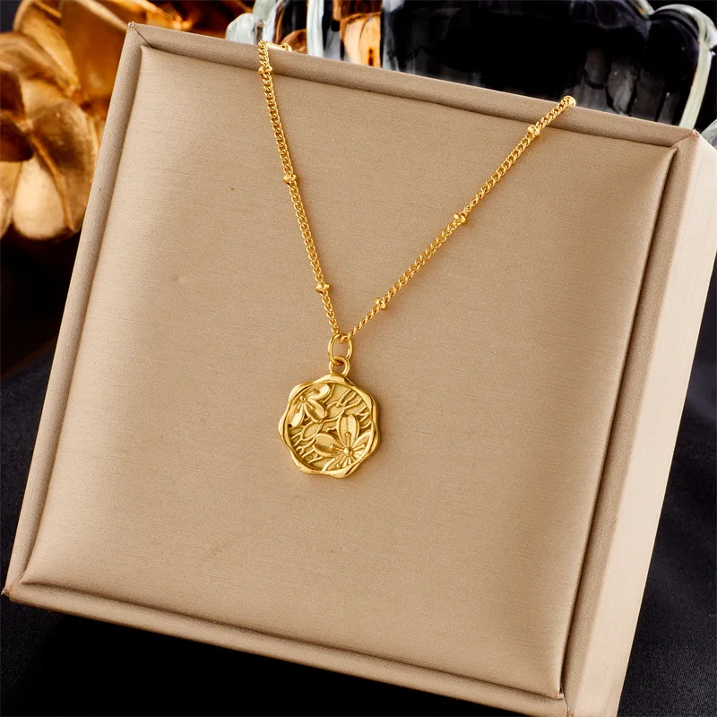 

SITA 316L Stainless Steel Gold Color Round Relief Flowers Pendant Necklace For Women Fashion Girls Chain Jewelry Party Gifts