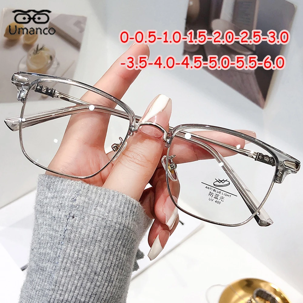 

Модные мужские очки Umanco, винтажные Полуободковые квадратные очки с защитой от синего света, очки для близорукости, готовые очки по рецепту 0-0,5-1,0-1,5