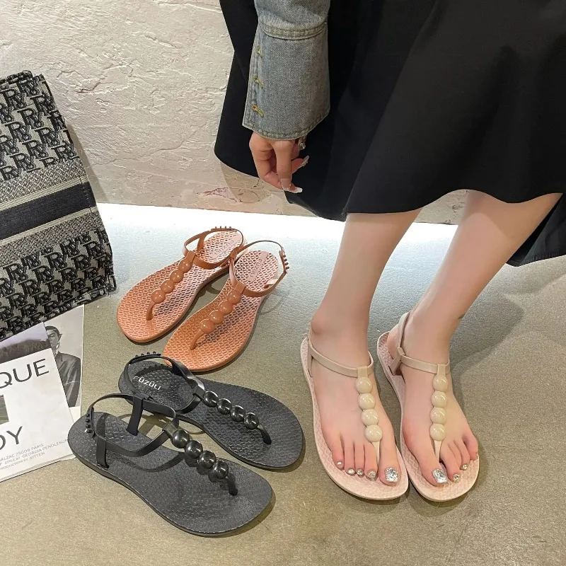 Women's Fashion Flat Shoes Summer New Round Head Clip Toe Round Buckle Soft Sole Anti-slip Wear-resistant Beach Sandals