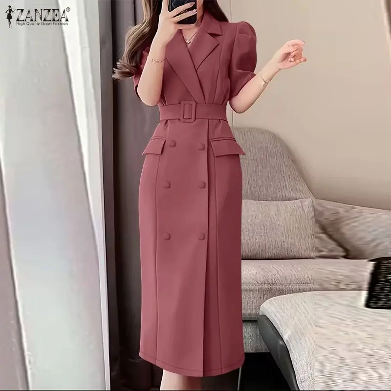 ZANZEA Elegant OL Office Lady Dresses Women Suit Collar Short Sleeve Midi Sundress 2026 Summer Casual Solid Vestidos Streetwear 1