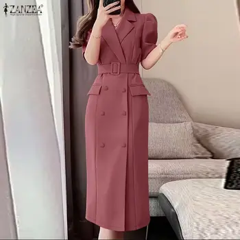 ZANZEA Elegant OL Office Lady Dresses Women Suit Collar Short Sleeve Midi Sundress 2026 Summer Casual Solid Vestidos Streetwear 1