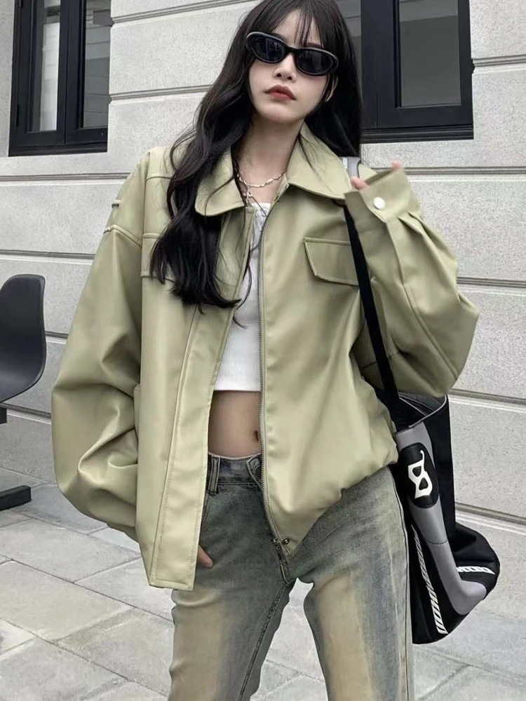 

Green PU Jacket Women Oversize Vintage Leather Coat Lady Korean Fashion Loose Zip Up Outerwear Female Casual High Street Jackets
