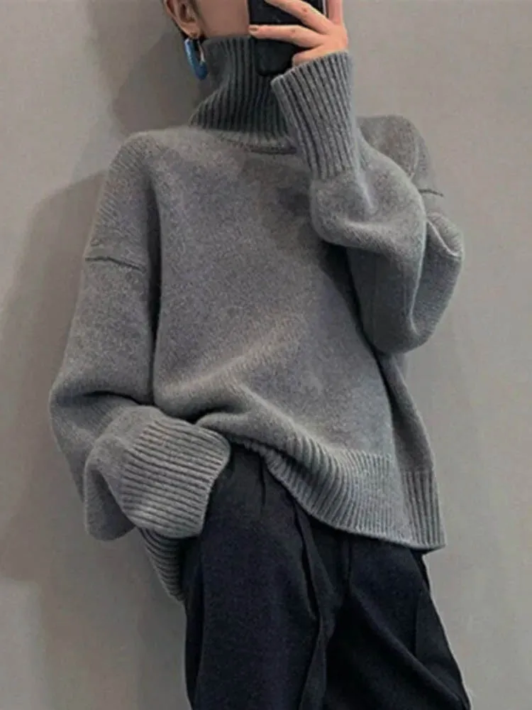 Autumn Winter Women'S Sweaters Turtleneck Women Pulovers Side Split Knitted Jumpers Christmas Sweater Oversize Pull For Women