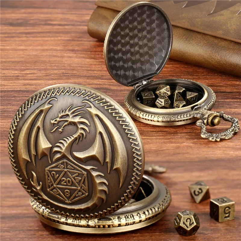 Pocket Watch Chain Bronze Dragon Pocket Watch Case FOB Chain With 7 X Metal Polyhedral Dice With Entertainment Role Play Game Dices