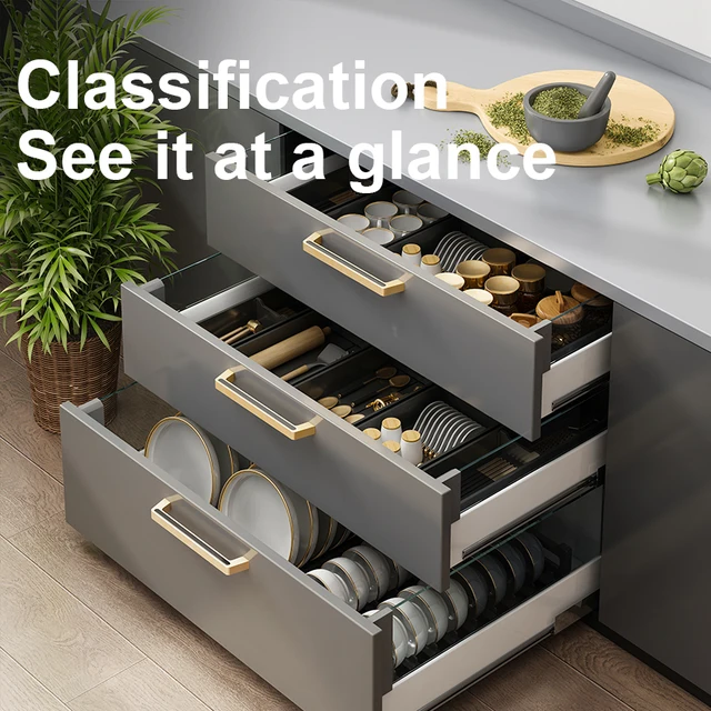 Portapiatti regolabile da cucina sotto il cassetto dell'armadio, cucchiaio, porta bacchette, spaziatura retrattile, ripiano per dischi di asciugatura, organizer 5