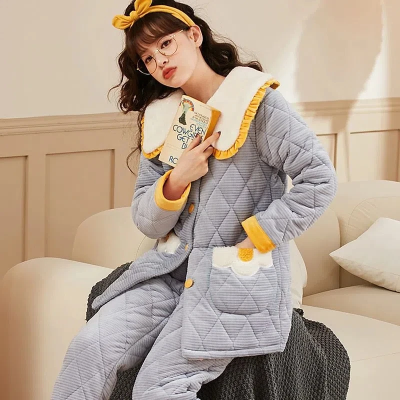 Pajamas Women's Winter Three-Layer Quilted Thickened Pajamas Long Plush Medium Long Hooded Plush Warm Home Clothes Suit Female