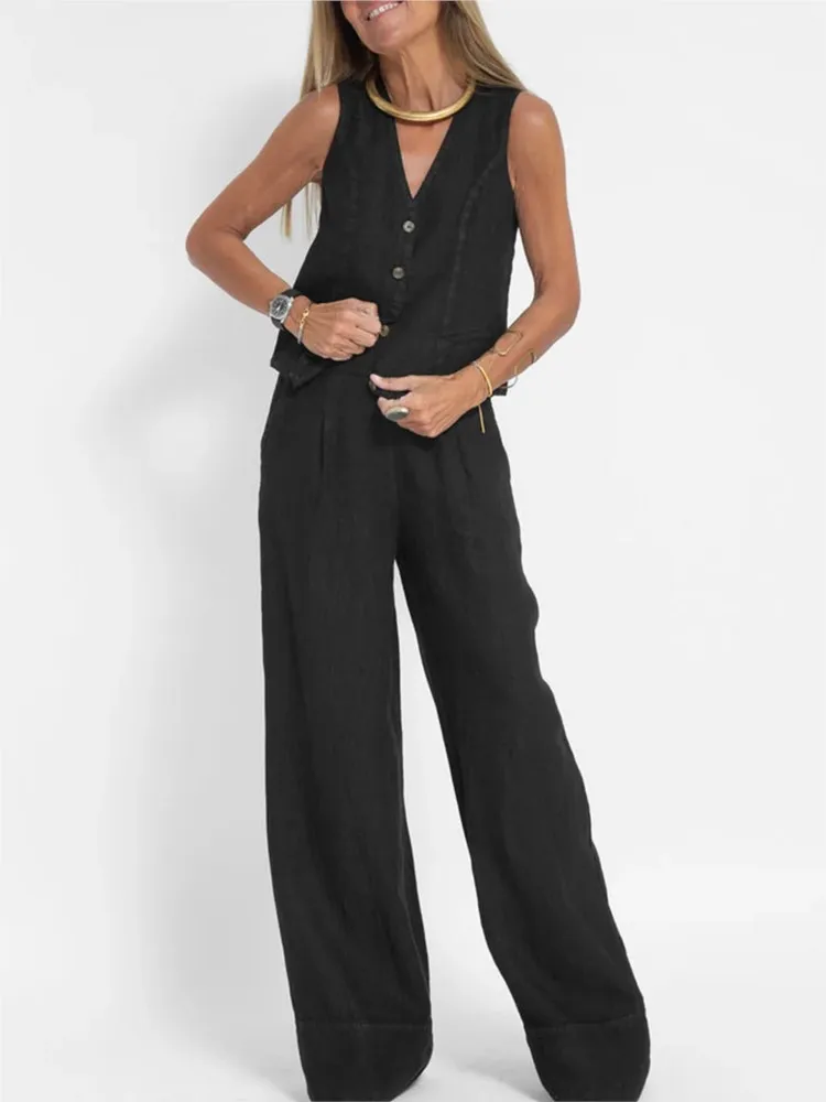 Women's Fashion Elegant V-neck Sleeveless Suit Summer Casual Top & Wide Leg Pants Set Office Holiday Black White New Sets 2024
