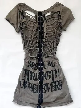 Summer Japanese Retro Hollow Out Design Clothing Women Y2k Tees Punk Slim Short Sleeve T-shirt Gothic Harajuku Zipper Tops New 1