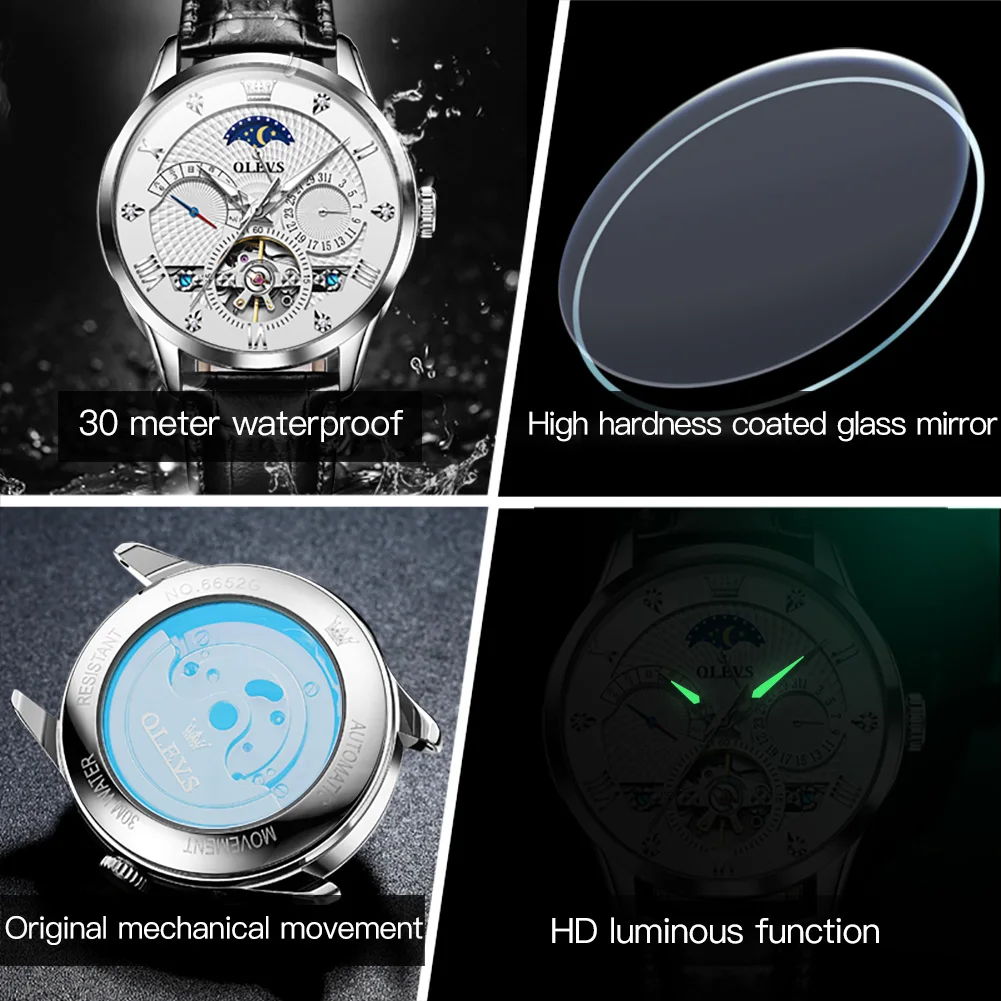 OLEVS New Top Brand Men's Automatic Mechanical Watches Waterproof Leather Strap Luxury Men Wristwatch Luminous Watch