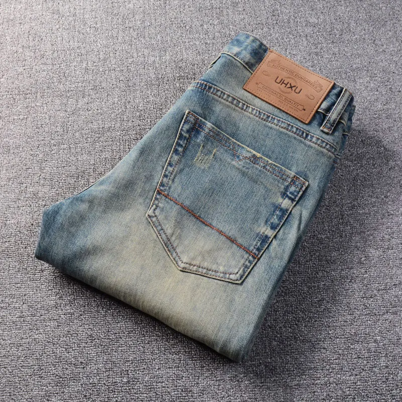 Street Fashion Men Jeans Retro Washed Blue High Quality Elastic Slim Fit Ripped Jeans Men Vintage Designer Casual Denim Pants