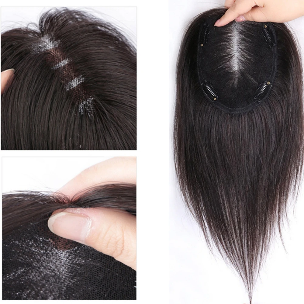 Swiss Lace Human Hair Toppers Invisible Clip In for Covering White Hair