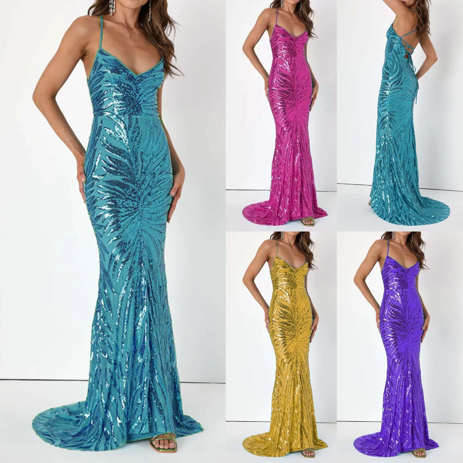 فستان ماكسي أنيق مزين بالترتر للنساء بطول الأرض لل...