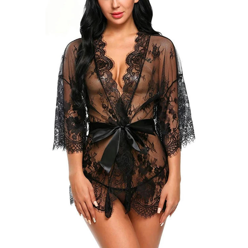 Women Sleepwear Pajamas Sexy Sheer Nightgown Transparent Erotic Lingerie V-neck Gauze Robe