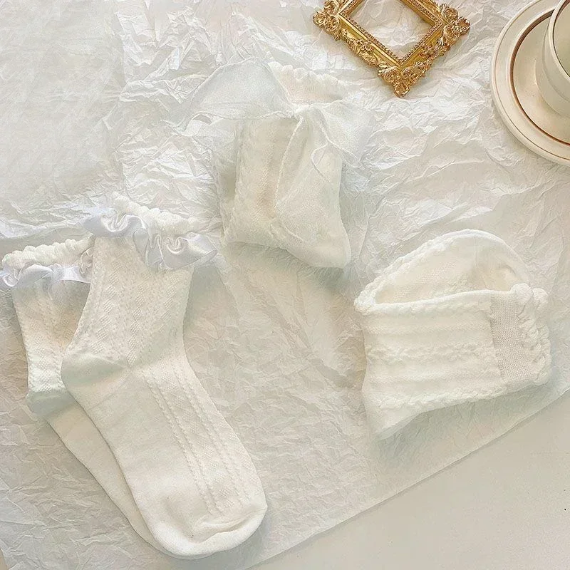 5 Pairs Lolita Sokken Witte Boog Kant Sokken Midden Tube Japanse College Stijl Prinses Sokken Zoete Jk Streetwear Kousen