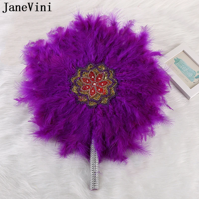 

JaneVini African Turkey Feather Hand Fan Vintage Wedding Bridesmaids Bride Fans Great Gatsby Dance Fan Purple Flower Bouquets