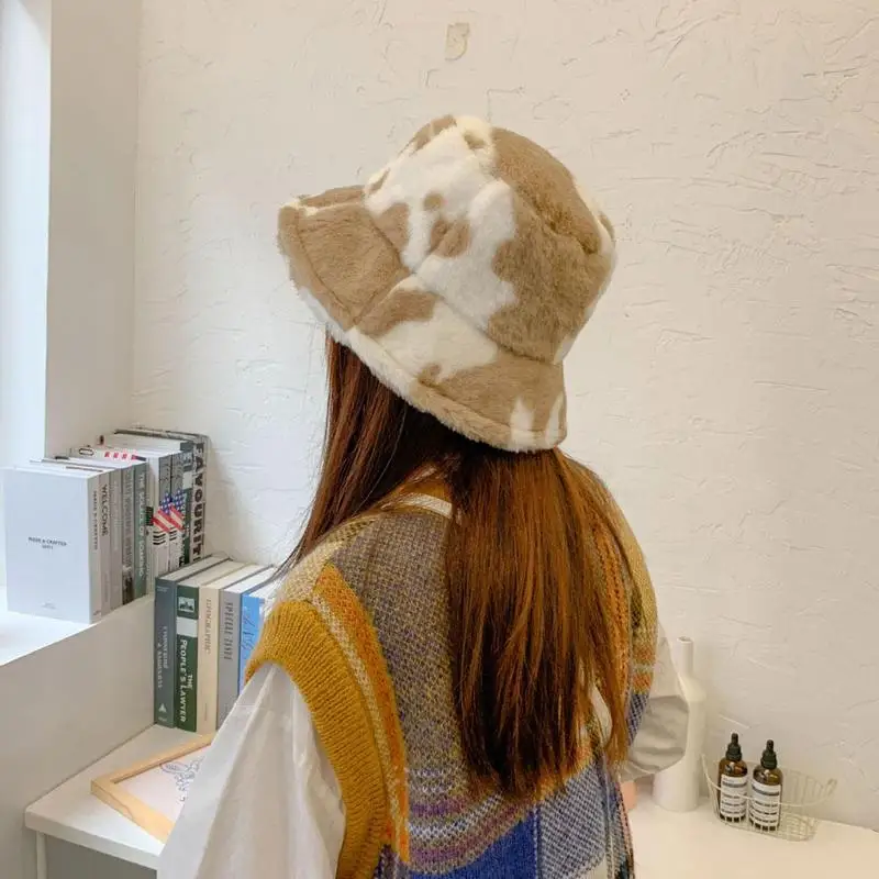 Fashion Winter Cow Print Women Bucket Hat Faux Fur Outdoor Lady Fisherman Fluffy Panama Warm Female Flat Cap Plush Furly U8k8 fisherman hat