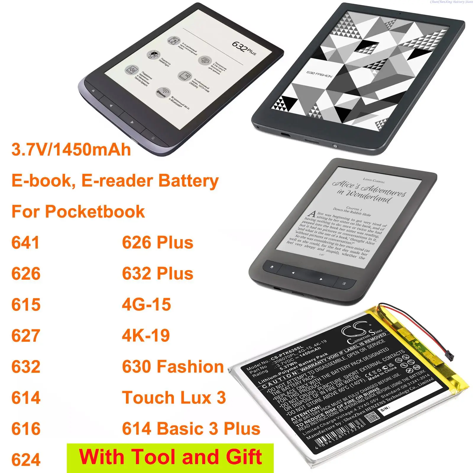 Batteria E-Reader Cameron Sino 1450Mah Per Pocketbook 641, 626, 615, 627, 632, 630 Fashion, Touch Lux 3, 626 Plus, 632 Plus, 614