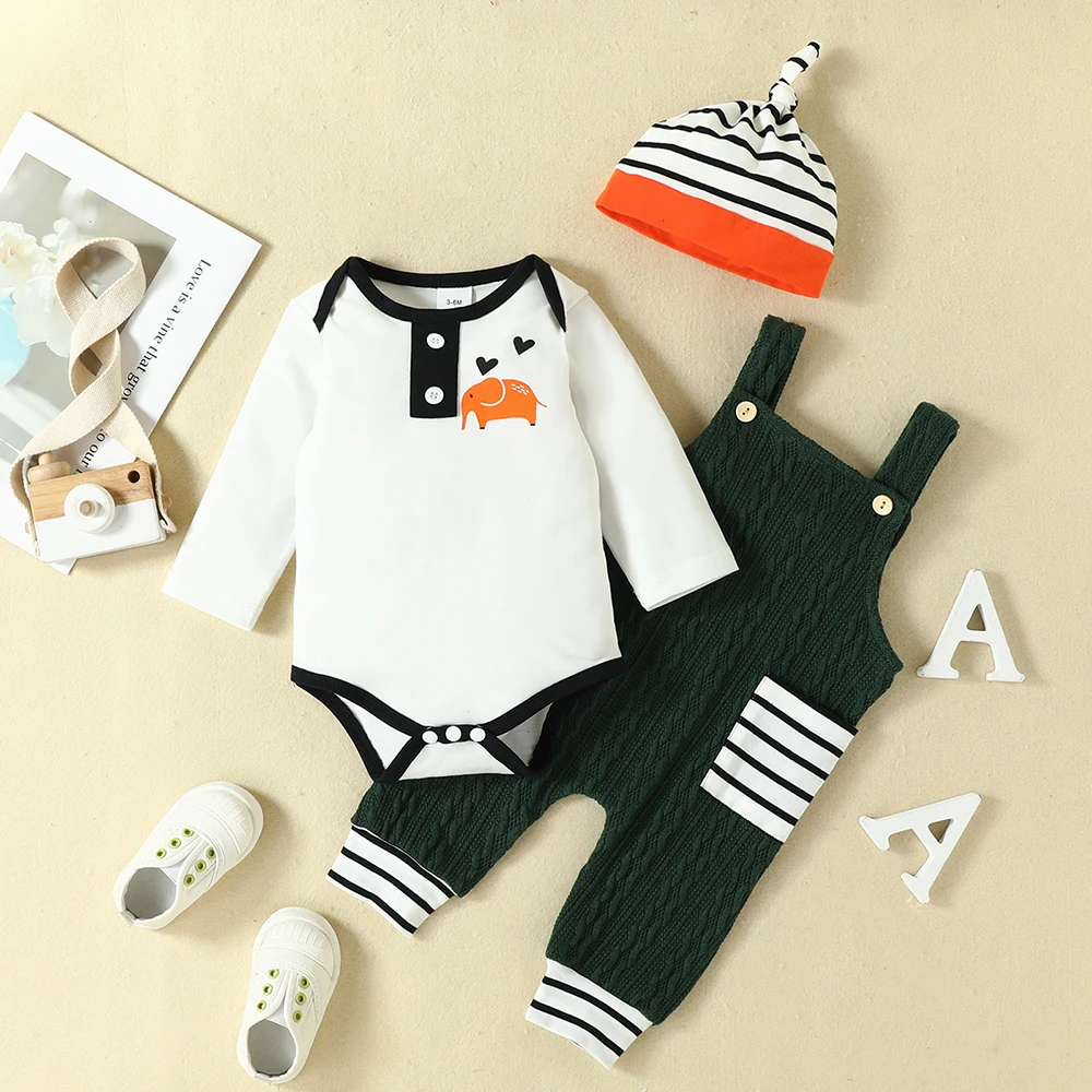 

3-18M 3Pcs/set For Newborn Clothes Baby Boys Long Sleeve Romper Jumpsuit Pant +Hat Outfits Kids T-Shirts Clothing Bebe Vestidos