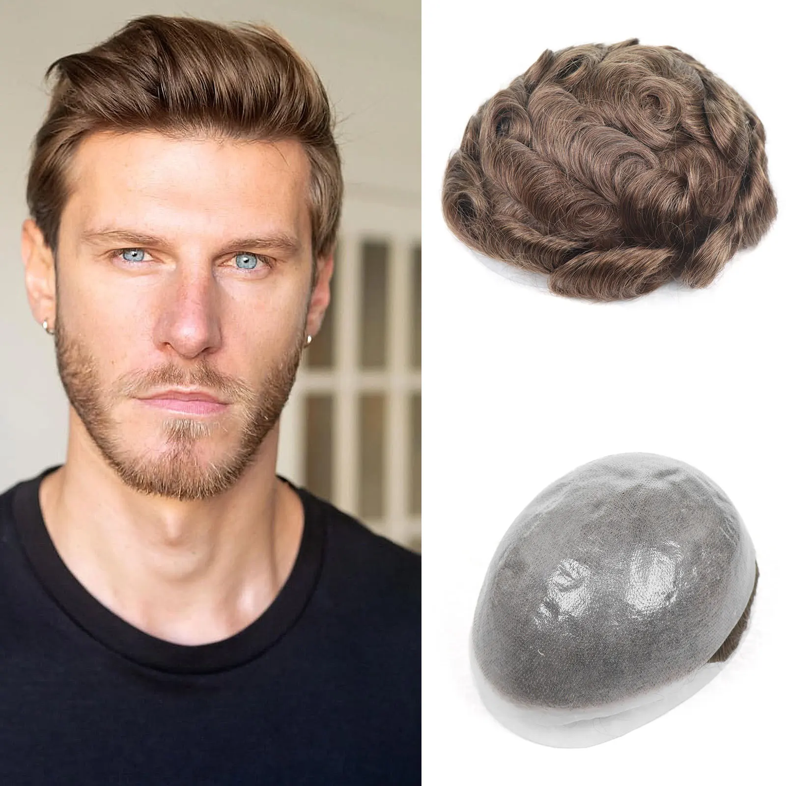 Full Skin PU Men's V Loop Human Hair Toupee 0.08MM