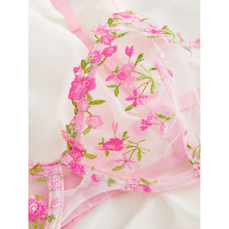 Women Lingerie Set Super Sexy Transparent Thin Lace Flower Embroidered Two-piece See-through Panties V-neck Bra Set women lingerie set