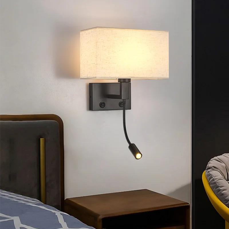 Fabric Lampshade Wall Lamp E27 LED Wall Light With spotlights Gold Black Wall Sconces Indoor Lighting Romm Decor Bedside Bedroom