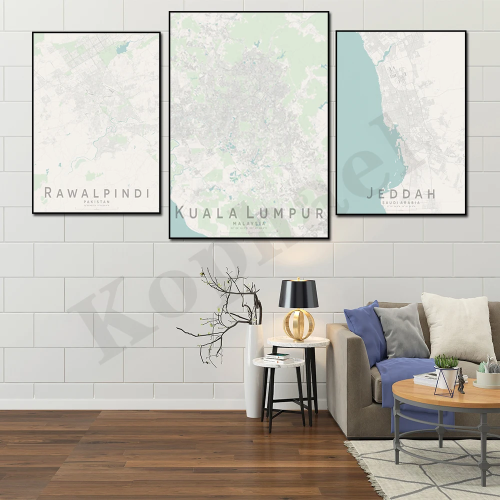 Kuala Lumpur Vientian Rawalpindi Jaipur Ankara Riyadh Jeddah Ratjeddah Ration Bangkok City Color Map Home Wall Decor Poster