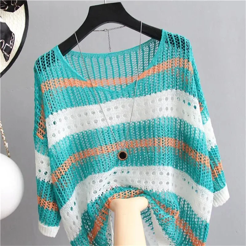 

Colorful Hollow Stripes Knitted Sweater 2024 New Ice Silk Knitwear Loose Large Size Pullovers Tops Summer Thin Sunscreen Clothes