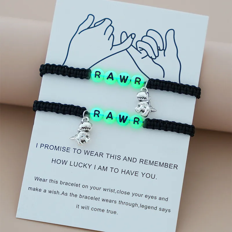 2-teiliges, im Dunkeln leuchtendes Perlen-Dinosaurier-Charm-Armband-Set, Geburtstag, Weihnachten, Valentinstag, Geschenke für Paare, Freundschaftsschwestern