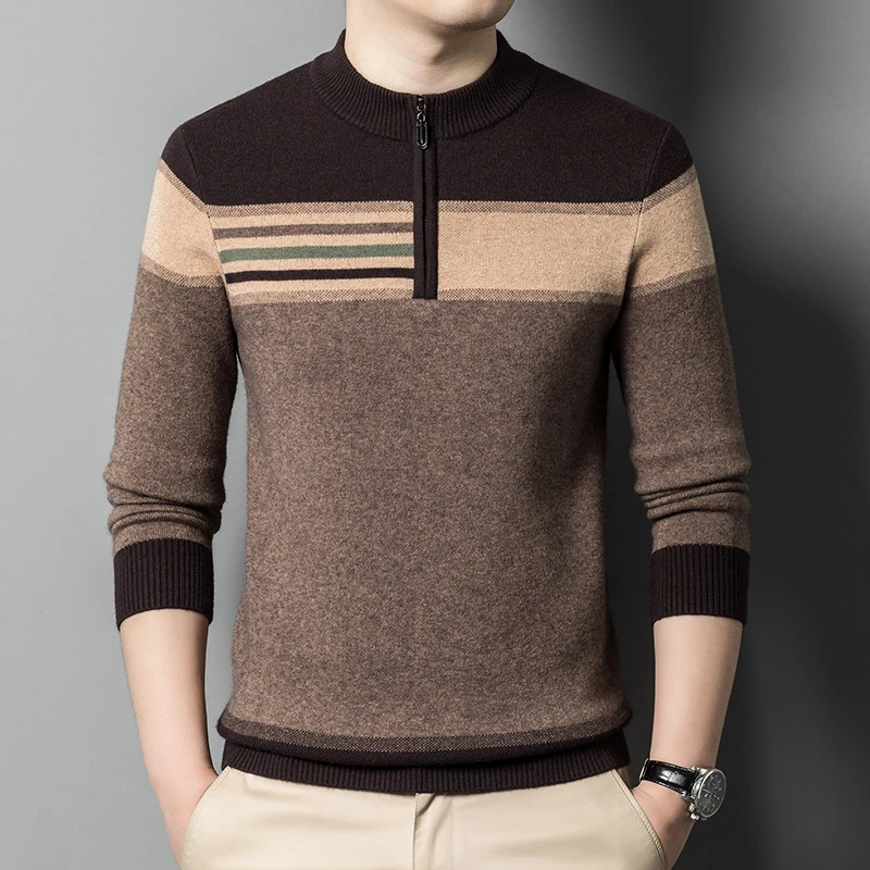

Zipper Round Neck Fashion Men's Striped Sweater Warm Cashmere Slim Fit Business Casual Knitted Pullover Camel Gray Red