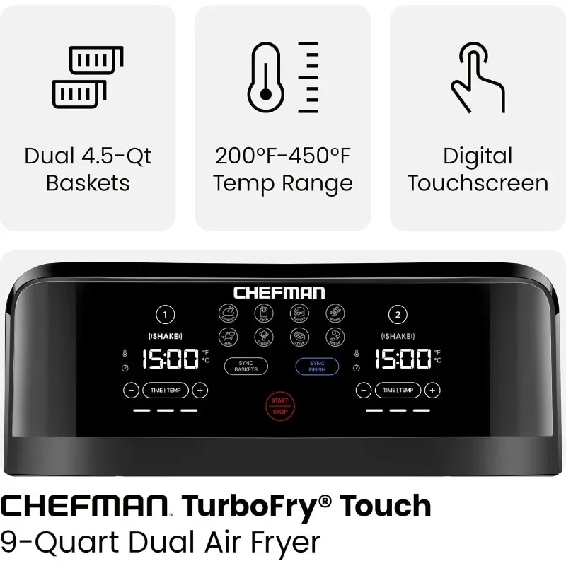 Chefman 6 Quart Dual Basket Air Fryer - Digital Touchscreen, Smart Sync Finish, Hi-Fry, Auto Shutoff, 2 Independent 3QT Nonstick 3