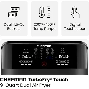 Chefman 6 Quart Dual Basket Air Fryer - Digital Touchscreen, Smart Sync Finish, Hi-Fry, Auto Shutoff, 2 Independent 3QT Nonstick 3