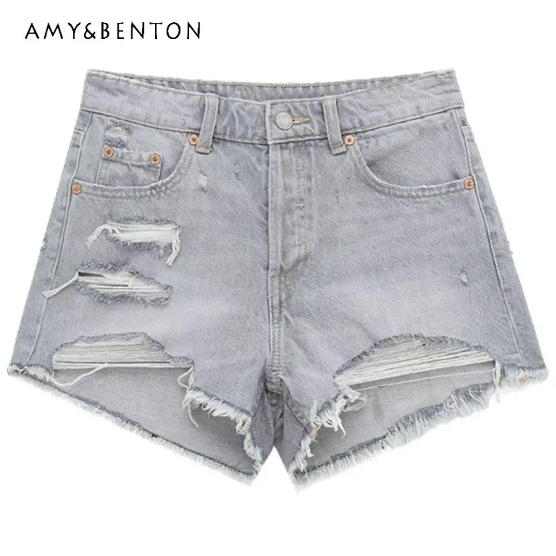 

Causal Short Jeans Pants European and American Style Summer New Women's High Waist All-Match Ripped Frayed Denim Shorts