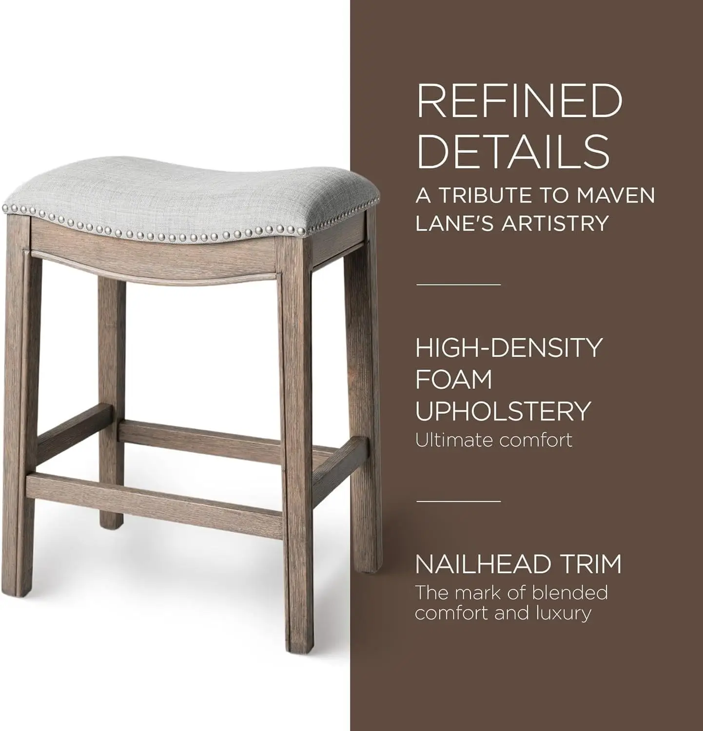 26" Wood Counter Height Stool - Handcrafted Reclaimed Oak Finish with Ash Grey Fabric Upholstered Saddle Seat