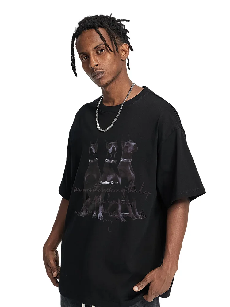 Summer Doberman Print American High Street T-shirts Cotton Short Sleeves for Men and Women