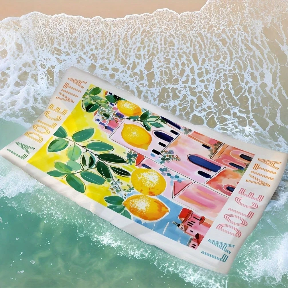 1PC 이탈리아 레몬 프린트 비치 타월, 폴리에스테르 경량 속건 타월, 수영복, 여행 및 야외 활동용 다용도 비치 매트