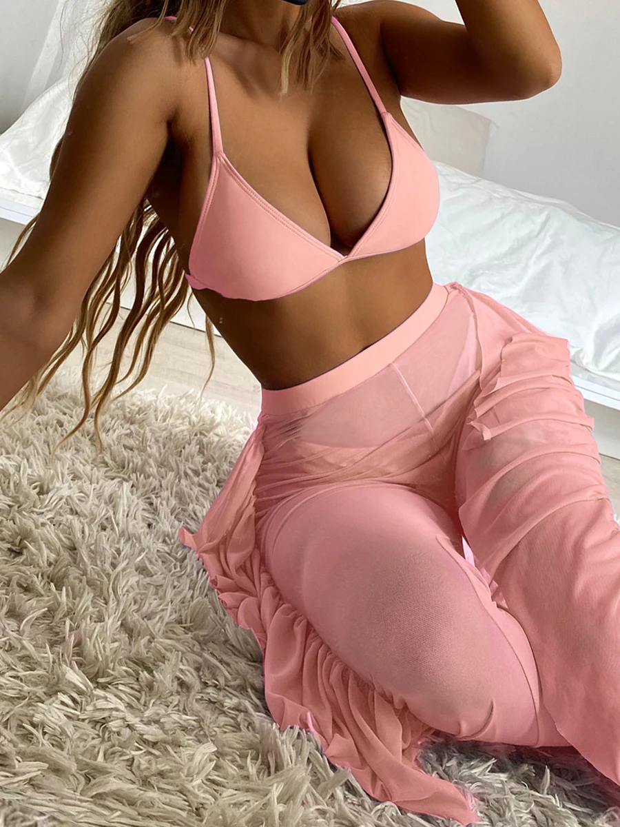 3 Pieces Triangle Bikini 2023 Women Swimsuit With Cover Up Pants Swimwear Bathers Bathing Swimming Suit Female Summer Beachwear