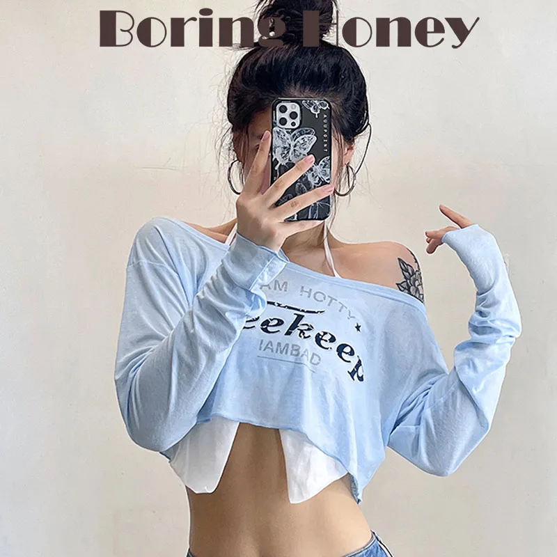 

Boring Honey HongKong Style Women Clothing Halter Long Sleeves Top Two-Piece Suit Fashion Women Blouses Crop Top Women's T-Shirt