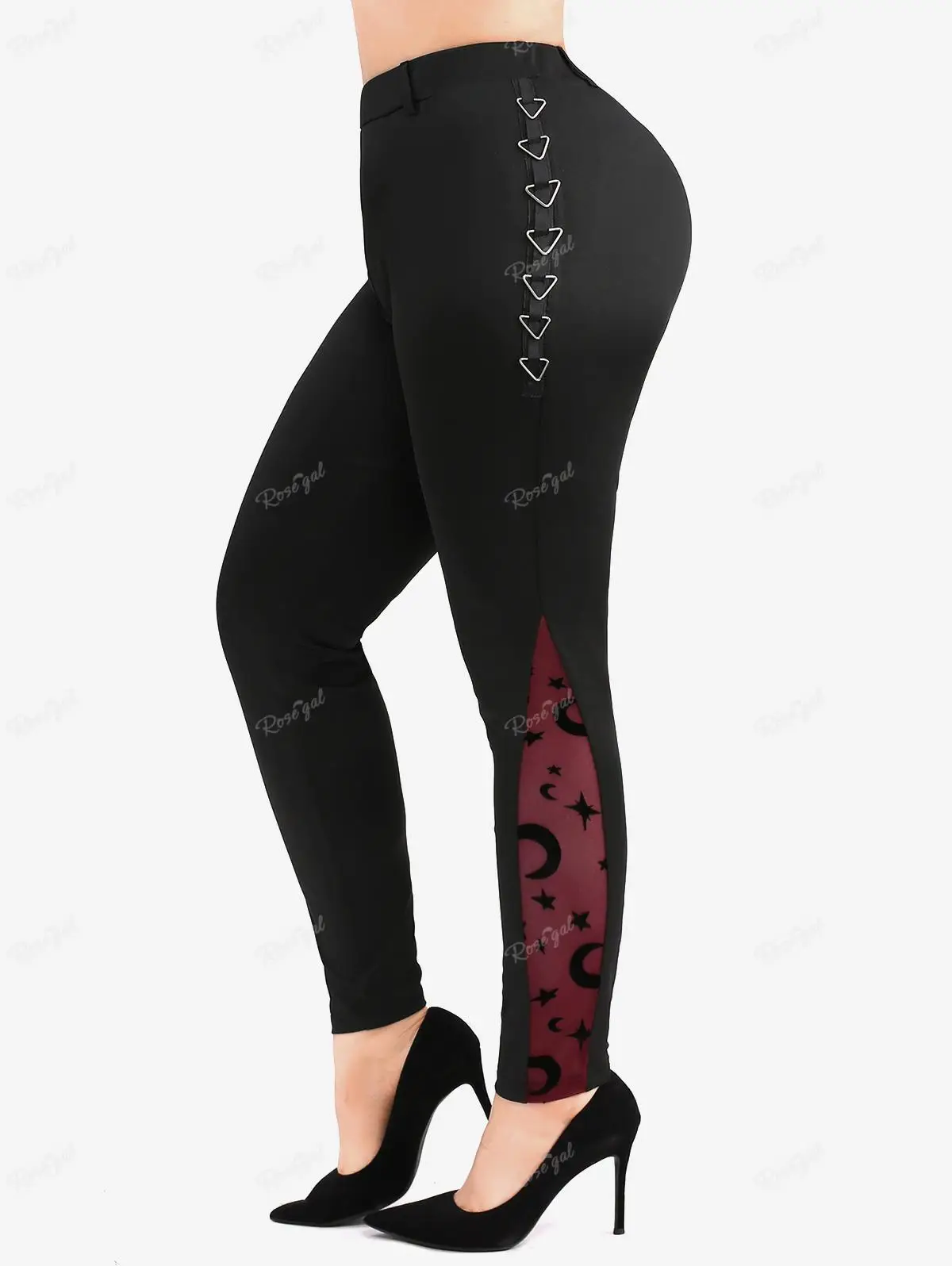 ROSEGAL  Plus Size Leggings Women's Mesh Panel Moon Star Print Layered Triangle Side Skinny Bottoms Casual Pencil Pants Trousers