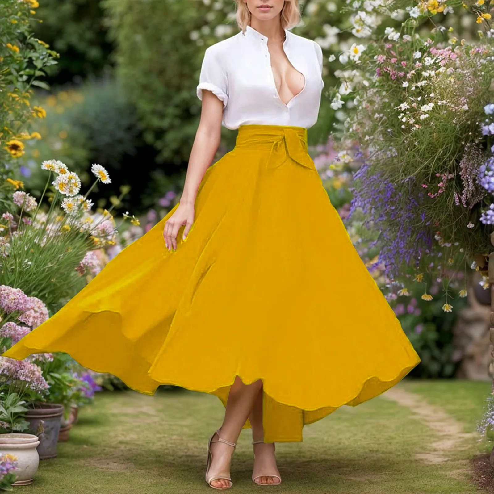 

Elegant High Waist Skirt For Women Casual Bohemian Maxi Skirt With Pockets Asymmetrical Wave Hemline Womens Pleated Skirt