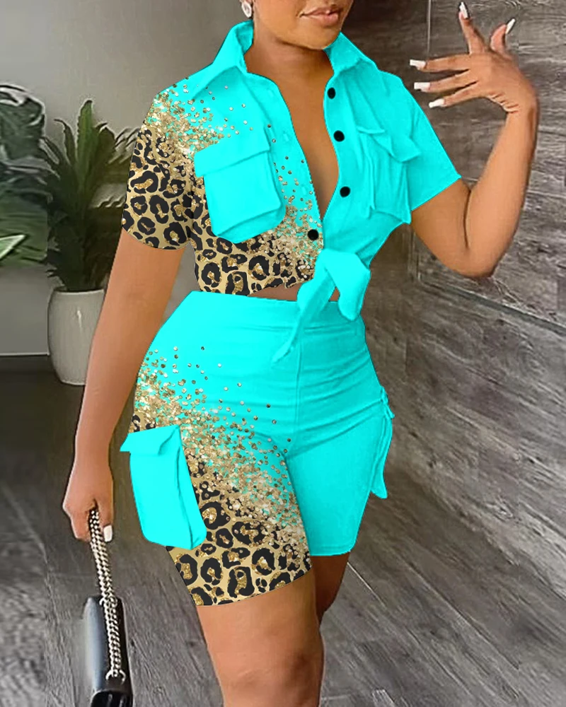 

2023 Women Contrast Leopard Print Top & High Waist Shorts Set Summer Turn Down Collar Short Sleeve Pullover T-Shirts Female 2PCS