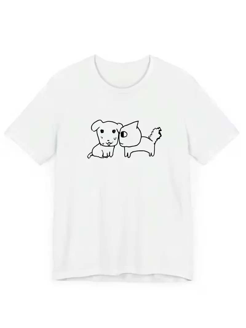 Niedliches Koreanisches Spaß-T-Shirt mit Hunde- und Katzengrafik Minimalistischer Linienkunstdruck Kurzarm Lässiges Bequemes Weiches Oberteil für den Täglichen Gebrauch für Frauen