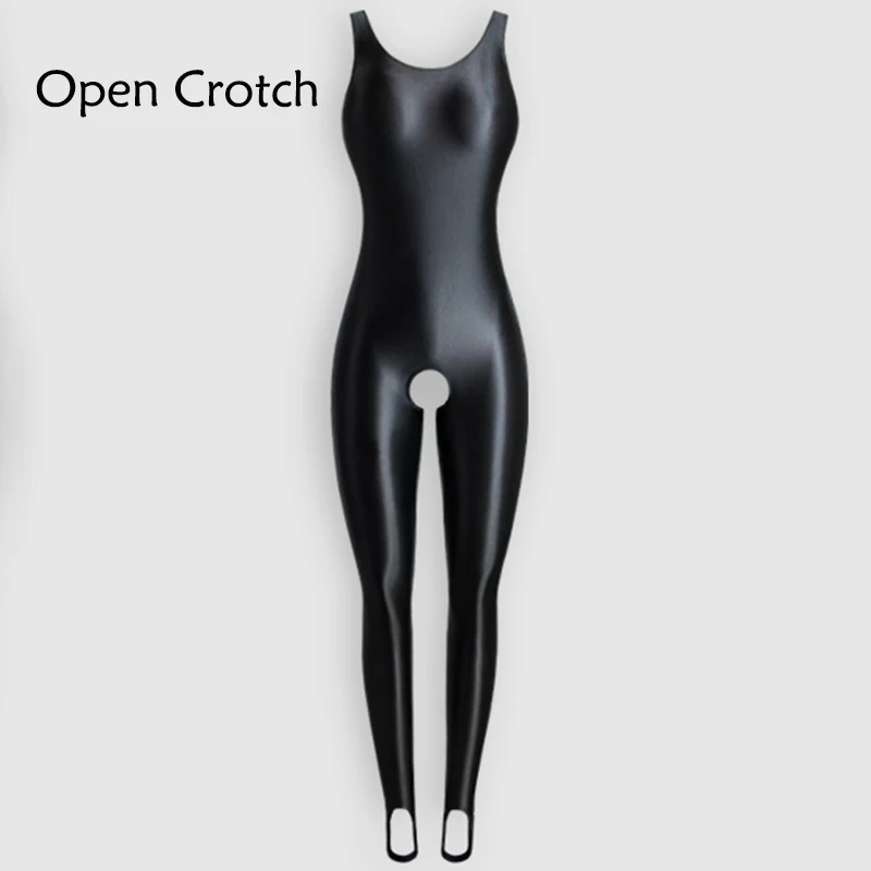 Sexy Open Crotch Women Glossy Jumpsuit Step on foot Sleeveless Sport Plus Size Romper Tight Satin Costume women s new one piece bodysuit sexy cut out letter printed tight rompers casual racing sleeveless top women cycling jumpsuit