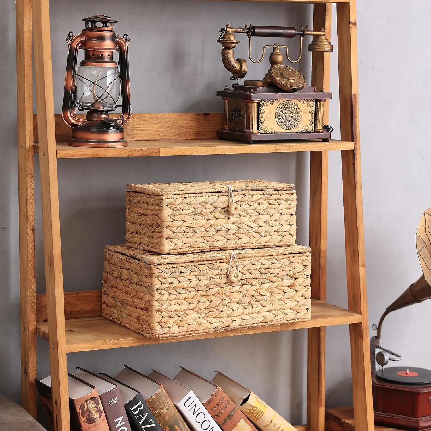 Rectangular Wicker Storage Bins with Lid, Rattan Basket Decorative Boxes