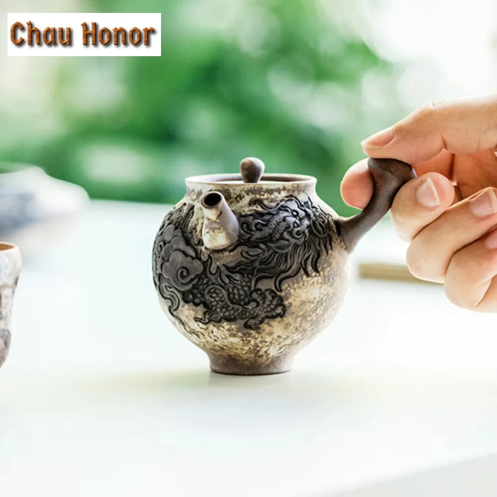 130ml Handmade Relief Ink Dragon Teapot Boutique Powder Yin White Pot Household Tea Making Kettle with Ball Hole Tableware Craft