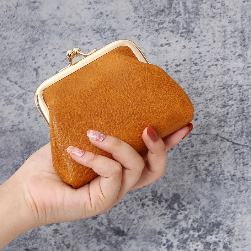 Genuine Leather Clutch Bag for Women Kiss Lock Change Pouch Wallet Retro Coin  Purse Coin Organizer Cute Purses for Girls Kids