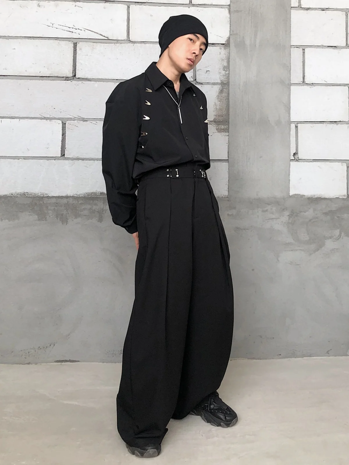 Non-iron Men's Wide Leg Pants Adjustable Waist Bule Drapey Chic High Waist Straight Cut Micro Flared Floor Length Trousers